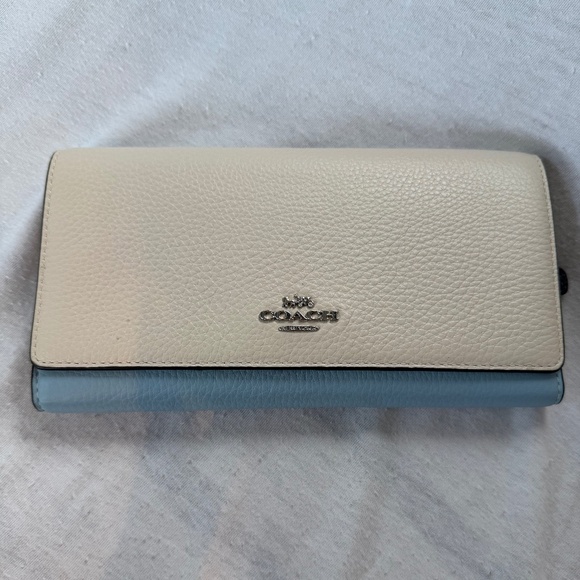 Coach Colorblock Slim Trifold Leather Snap Wallet in Chalk/Waterfall - Picture 1 of 14